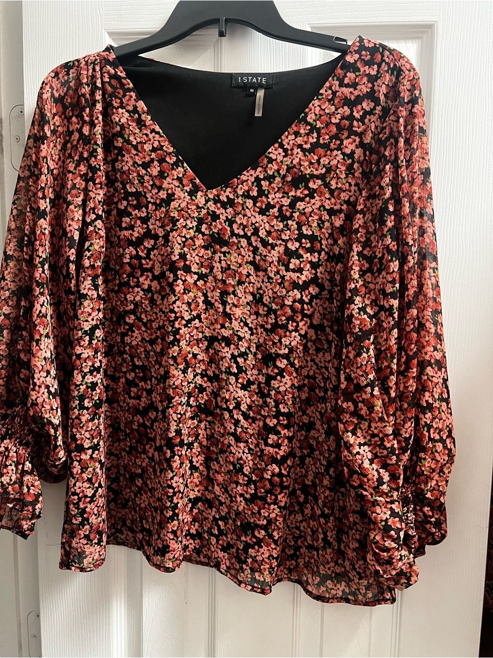 1. State Black Blouse with Coral and Pink Floral Print